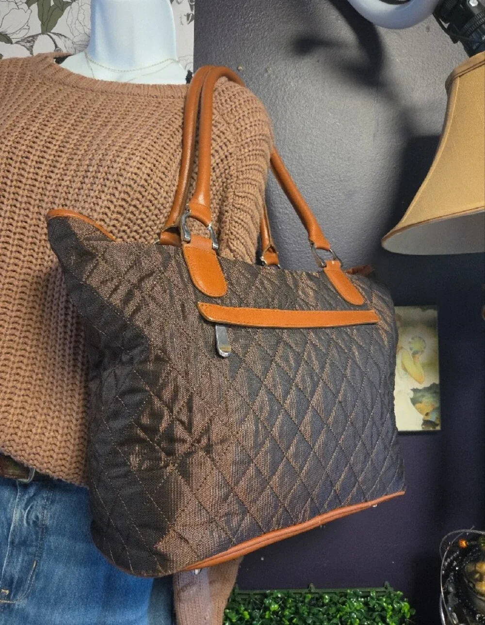 Quilted Shimmery Brown Tote with Tan Trim & Striped Interior